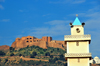 Oran - Algrie: montagne Djebel Murdjadjo et la forteresse de Santa Cruz - premier plan le minaret de l'ex-eglise St Andr - photo par M.Torres