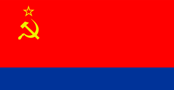 Flag of Soviet Azerbaijan (ASSR) - scarlet field and golden hammer and sickle, blue band