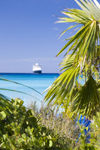 38 Bahamas - Half Moon Cay - Cruise ship in backgound with beach palm trees in foreground (photo by David Smith)