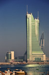 Manama, Bahrain: Bahrain Financial Harbour towers commercial complex - BFH - view from the fishing harbour - Bahrain WTC on the right and Harbour House on the left - photo by M.Torres