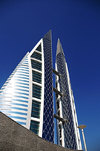 Manama, Bahrain: Bahrain World Trade Center - BWTC - sails against blue sky - prime real estate on King Faisal Highway - photo by M.Torres