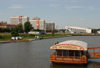 Belarus - Minsk - Svisloch river floating bar and Prospekt Pobeditelei as backdrop - photo by A.Dnieprowsky