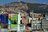 La Paz, Bolivia: city center, El Rosario, the northern suburbs and the woods of the Bosquecillo area - billboards and spires of La Recoleta Church - photo by M.Torres