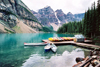 Canada / Kanada - Moraine Lake, Alberta: canoes - Banff National Park - Canadian Rockies - Rocky Mountains - photo by M.Torres