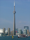 Toronto, Ontario, Canada / Kanada: CN Tower and the waterfront seen from the Inner Harbour - sternwheeler ship - paddlewheeler - photo by R.Grove