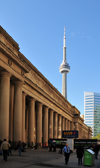 Toronto, Ontario, Canada: Union Station - Ross and Macdonald architects - colonnaded porch - Beaux Arts railway station design - Front Street West - CN Tower and Citybank place in the background - photo by M.Torres