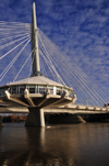 Winnipeg, Manitoba, Canada: Esplanade Riel bridge - footbridge cable-stayed from a single, transversely inclined pylon - designed by Colin Douglas Stewart of Wardrop Engineering and the architect tienne Gaboury - side-spar cable-stayed bridge - photo by M.Torres