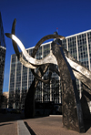 Winnipeg, Manitoba, Canada: 'Justice' - stainless steel sculpture by Gordon Reeve - Kennedy Street corner York avenue - Norquay Building- late 60's modernism - architects Green, Blankstein, Russell Associates - photo by M.Torres