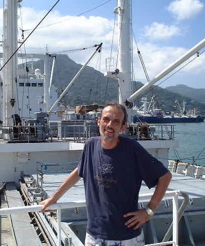 photographer Peter Mosselberger on board the Nova Scotia in Victoria, Mah Island, Seychelles