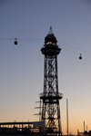 Barcelona, Catalonia: cable car station - cable car station - Torre Jaume I at dusk - steel truss tower - part of the aerial tramway from Torre Sant Sebastia to Montjuc - architect Carles Boigas - Moll de Barcelona - Barceloneta - Transbordador Aeri - photo by T.Marshall