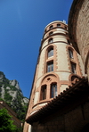 Montserrat, Catalonia: rock formations and the Espai Audiovisual building - Santa Maria de Montserrat Benedictine abbey - photo by M.Torres