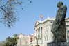 Catalonia - Barcelona: statue and the neo-classical architecture of the Gobierno Militar building - Plaa Portal De La Pau - architect Adolf Florensa - photo by M.Bergsma