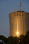 Brazzaville, Congo: late afternoon sun reflected in the Nabemba tower / Tour Nabemba, aka Elf Tower, built by Elf Aquitaine Congo - tallest building in Congo, Poto-Poto - framed by tree - photo by M.Torres
