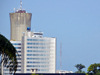Brazzaville, Congo: building of the National Petroleum Company of the Congo, SNPC, Socit nationale des ptroles du Congo - in the background the Nabemba tower / Elf Tower - palm tree leaf in the foreground - photo by M.Torres