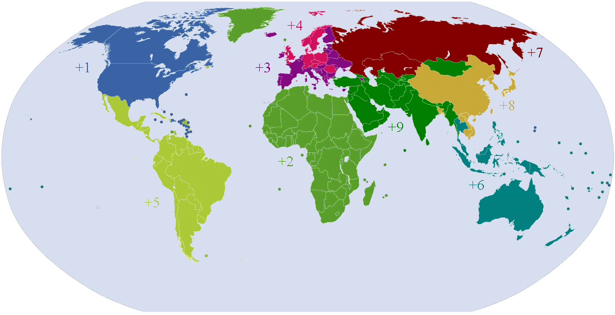 Map of country calling codes showing the regional groups for pre-fixes 1, 2, 3, 4, 5, 6 and 7 - IDD geographic grouping