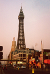 Blackpool / BLK - Lancashire, England, UK: triumph of kitsch - Blackpool tower at dusk - designed by Maxwell and Tuke - photo by M.Torres