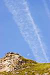 Hope Valley, Peak District, Derbyshire, England: vapour trail left by commercial aircraft - near Castleton - photo by I.Middleton