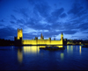 London, England: Houses of Parliament - Westminster Palace - lights on the Thames - nocturnal - photo by A.Bartel