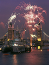 London, England: fireworks on the Thames - Tower Bridge and HMS Belfast - photo by A.Bartel
