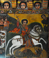 Gondar, Amhara Region, Ethiopia: Debre Berham Selassie church - mytheme of St George and the Dragon - St George in red on a prancing white horse - photo by M.Torres