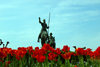 Donostia-San Sebastin, Gipuzkoa province, Euskadi: Don Quixote and Sancho ride in a field of tulips - photo by J.Zurutuza