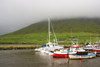 Norragta village, Eysturoy island, Faroes: fishing boats in the harbour - fog on the hills - photo by A.Ferrari