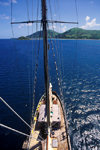 Sawa-I-Lau Island, Yasawa group, Fiji: aerial view of La Violante schooner taken from the crow's nest  mast top perspective - photo by C.Lovell