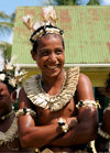Rabi Island, Vanua Levu Group, Northern division, Fiji: man with traditional head gear - photo by R.Eime