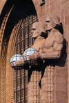 Helsinki, Finland: train station - statues holding spherical lamps - Helsingin rautatieasema - photo by A.Bartel