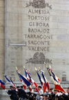 France - Paris: parade - anciens combatants - war veterans march with flags at the Arc de Triomphe - Almeida to Valencia - photo by K.White