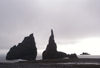88 Franz Josef Land: twin Spires with ship, Cape Tegethoff, Hall Island - photo by B.Cain