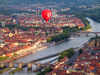 Wrzburg, Lower Franconia, Bavaria, Germany: river Main, Vodafone baloon and bridges - Alte Mainbrcke and Lwenbrcke - from the air - photo by D.Steppuhn