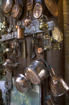 Greece, Dodecanese Islands,Rhodes: copper pots and pans in brick-a-brack tourist shop in Old Town - photo by P.Hellander