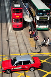 Hong Kong: Des Voeux Road, double-decker tram, double-decker bus and tax - photo by M.Torres