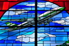 Hong Kong: Standard Chartered Bank - Remo Riva - stained glass window with Cathay Pacific Boeing 747 jet - photo by M.Torres