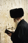 Israel - Jerusalem - rpraying from a prayer book - Jewish man with fur hat at the Western Wall - photo by Walter G. Allgwer
