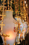 Jerusalem, Israel: Holy Sepulcher church - opulent oil lamps over the Stone of Anointing, contributed by Armenians, Copts, Greeks and Latins - Christian quarter - photo by M.Torres