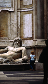 Rome, Italy: Marforio, one of the talking statues of Rome - Roman river-god statue now on a fountain by Giacomo Della Porta - Basilica di Santa Maria in Aracoeli - piazza del Campidoglio - photo by J.Fekete