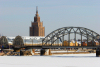 Latvia / Latvija / Lettland - Riga: frozen Daugava - rail bridge, market and palace of culture - photo by Alex Dnieprowsky