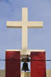 Vohilava, le Sainte Marie / Nosy Boraha, Analanjirofo region, Toamasina province, Madagascar: the church - cross and bell - photo by M.Torres