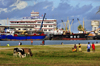 Toamasina / Tamatave, Madagascar: the port seen from blvd Ratsimilaho - freighter MSC Trader and cows grazing - photo by M.Torres