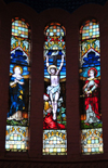 Blantyre, Malawi: St Michael and All Angels Church - stained glass triptych in the apse - Jesus on the cross, flanked by Mary and Joseph - photo by M.Torres