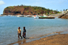 Mamoudzou, Grande-Terre / Mahore, Mayotte: kids walk along the beach - Pointe Mahabou in the background - photo by M.Torres