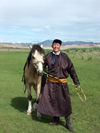 Mongolia - Burgun, Bayan-lgiy Aymag: horseman proud of his steed - Mongolian cowboy - photo by P.Artus