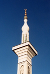 Morocco / Maroc - Tangier / Tanger: modern mosque - detail of the minaret