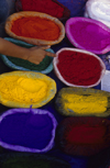 Kathmandu, Nepal: Asan Tole market - color powders for the lights and colors festival, Tihar - crows, dogs, cows, and Laxmi - the Goddess of Wealth are worshipped in this festival - photo by W.Allgwer
