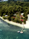 Carp / Ngercheu Island, Koror state, Palau: beach and pier from the air  - photo by B.Cain