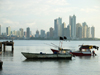 Panama City / Ciudad de Panama: fishing boats at Casco Viejo and skyline of Punta Paitilla and Punta Pacifica - photo by H.Olarte
