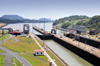 Panama Canal: Miraflores locks - looking towards Port Balboa and Ancon Hill - swing bridge - photo by M.Torres