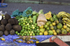 Santiago de Veraguas, Panama: yams, limes, corn, oranges, bananas and chayotes for sale at El Mosquero market - photo by H.Olarte